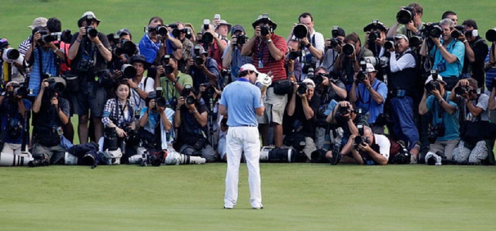 Rory McIlroy 2011 U.S. Open trophy and photographers